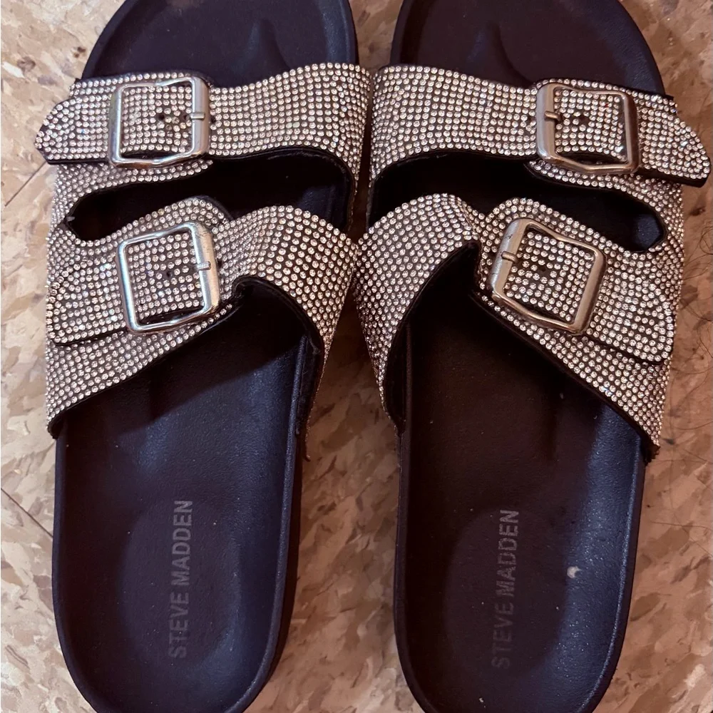 Steve Madden Black Slides with Silver Crystal Straps - Picture 1 of 2